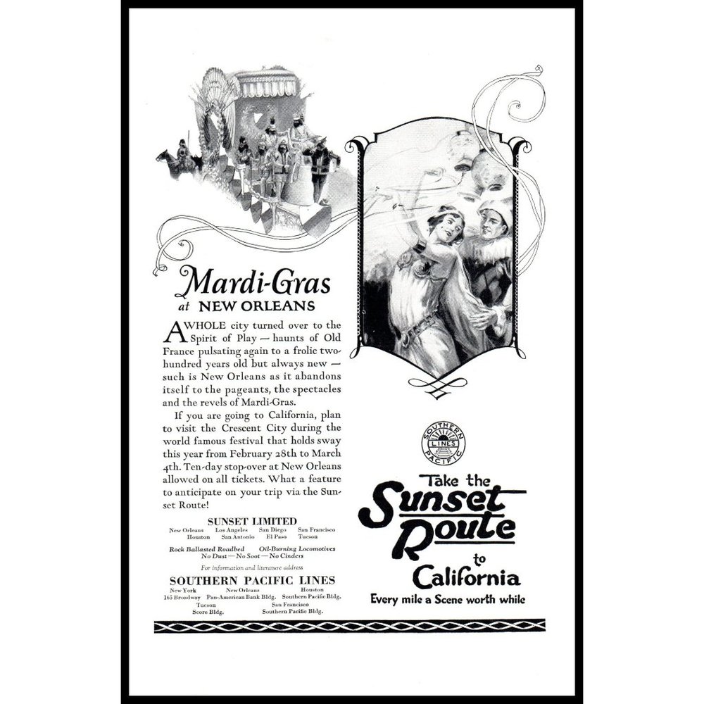 1924 Southern Pacific Lines Sunet Route New Orleans Vintage Print Ad Wall Art